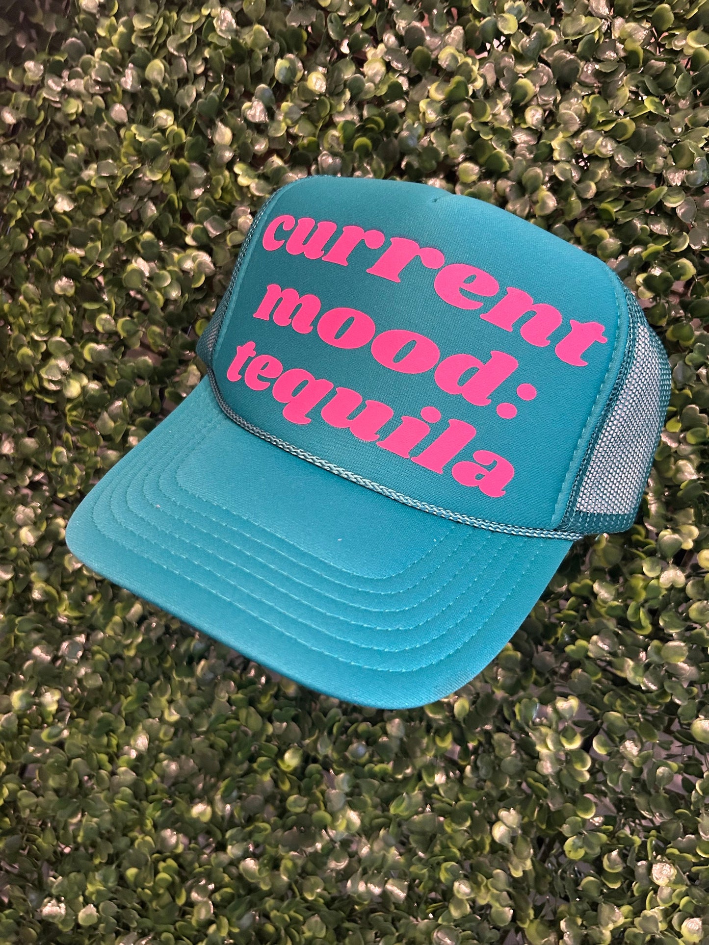 Turquoise & Pink "Current Mood: Tequila" Trucker hat
