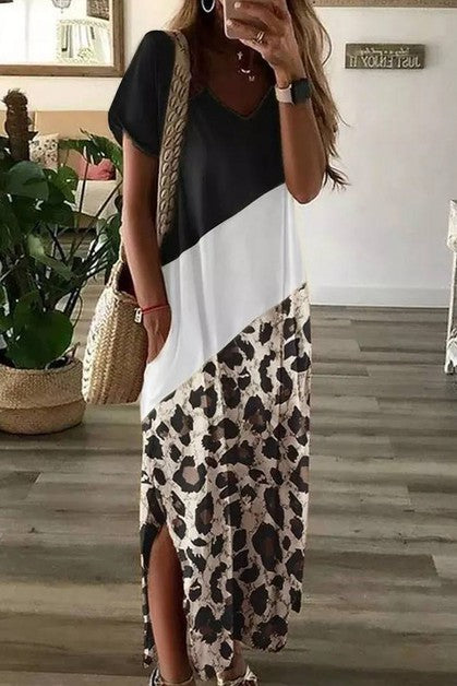 Leopard Color Block T Shirt Dress