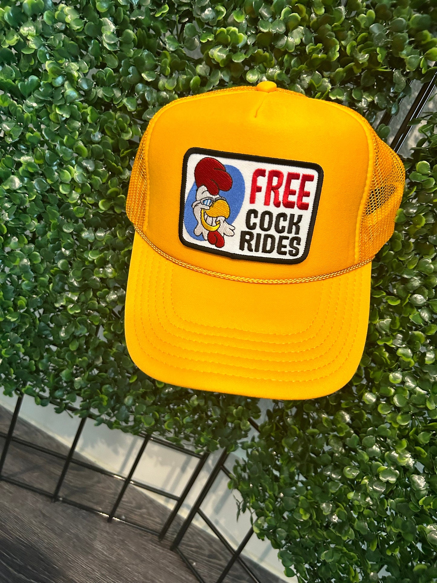 Yellow " Free Co*K Rides"  Trucker Hat